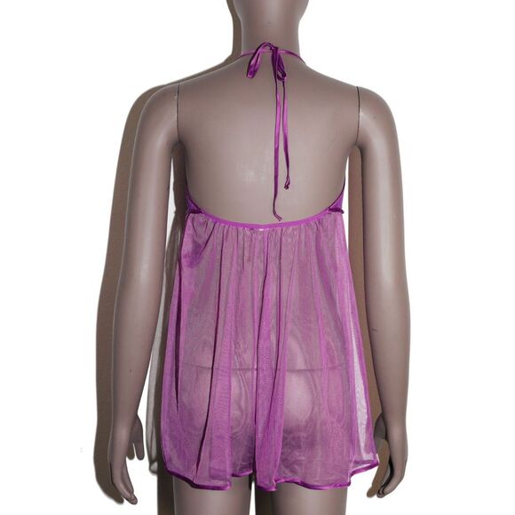 Purple Sheer Mesh Lace Teddy Babydoll Lingerie Halter Dress Small - Picture 3 of 3